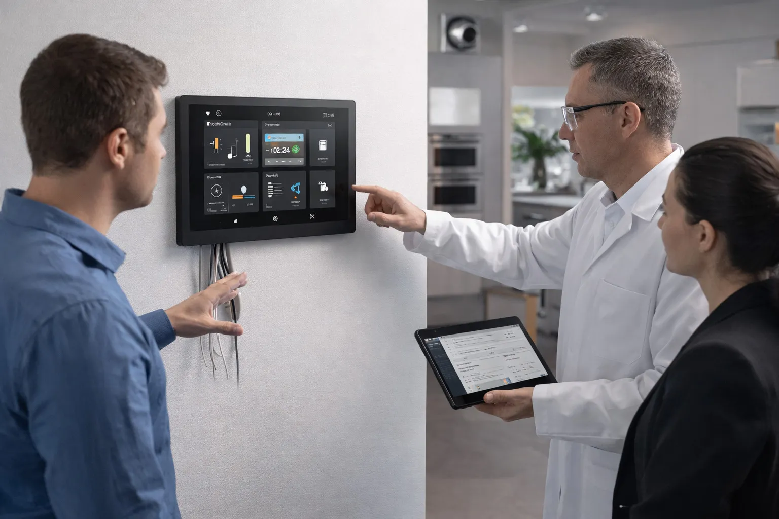 Engineers reviewing a wall-mounted embedded Android touchscreen HMI platform during OEM system integration.