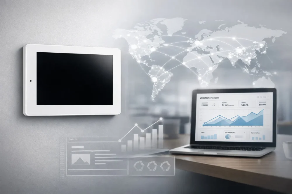 Embedded touchscreen HMI platform with analytics dashboard and global network visualisation highlighting Eight Development’s international growth strategy.