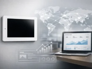 Embedded touchscreen HMI platform with analytics dashboard and global network visualisation highlighting Eight Development’s international growth strategy.
