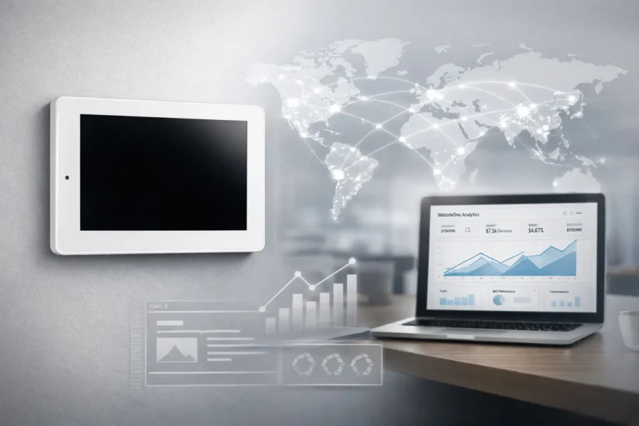 Embedded touchscreen HMI platform with analytics dashboard and global network visualisation highlighting Eight Development’s international growth strategy.