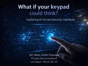Exploring the Future of AI-Driven Security Interfaces at ISC West 2026 AI-driven security keypad interface with fingerprint scan and neural network concept.