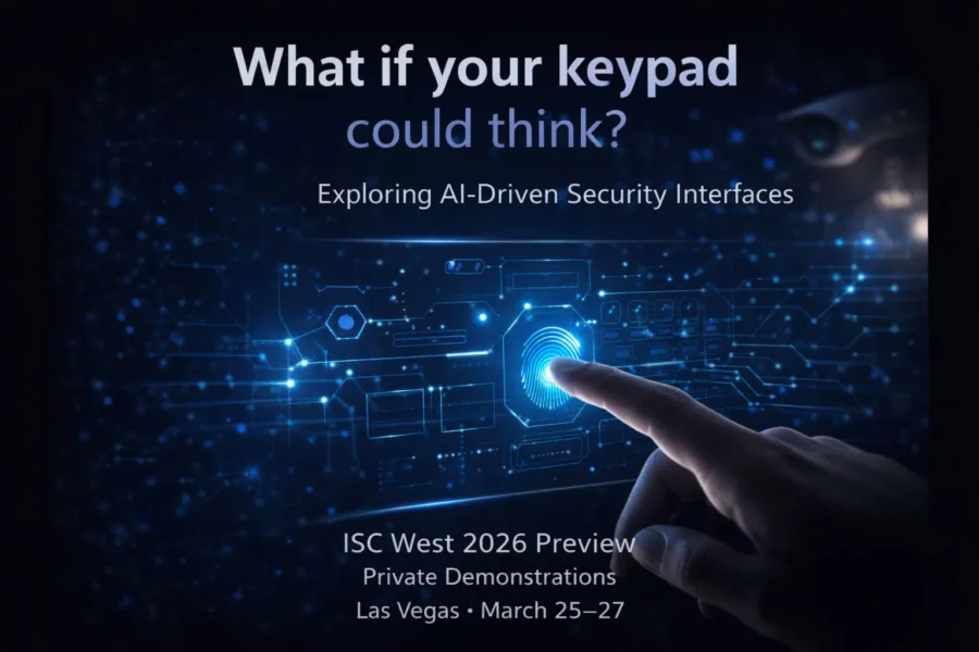 AI-driven security keypad interface with fingerprint scan and neural network concept.