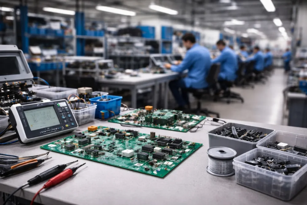 Electronics manufacturing facility with engineers assembling and testing printed circuit boards on a production line.