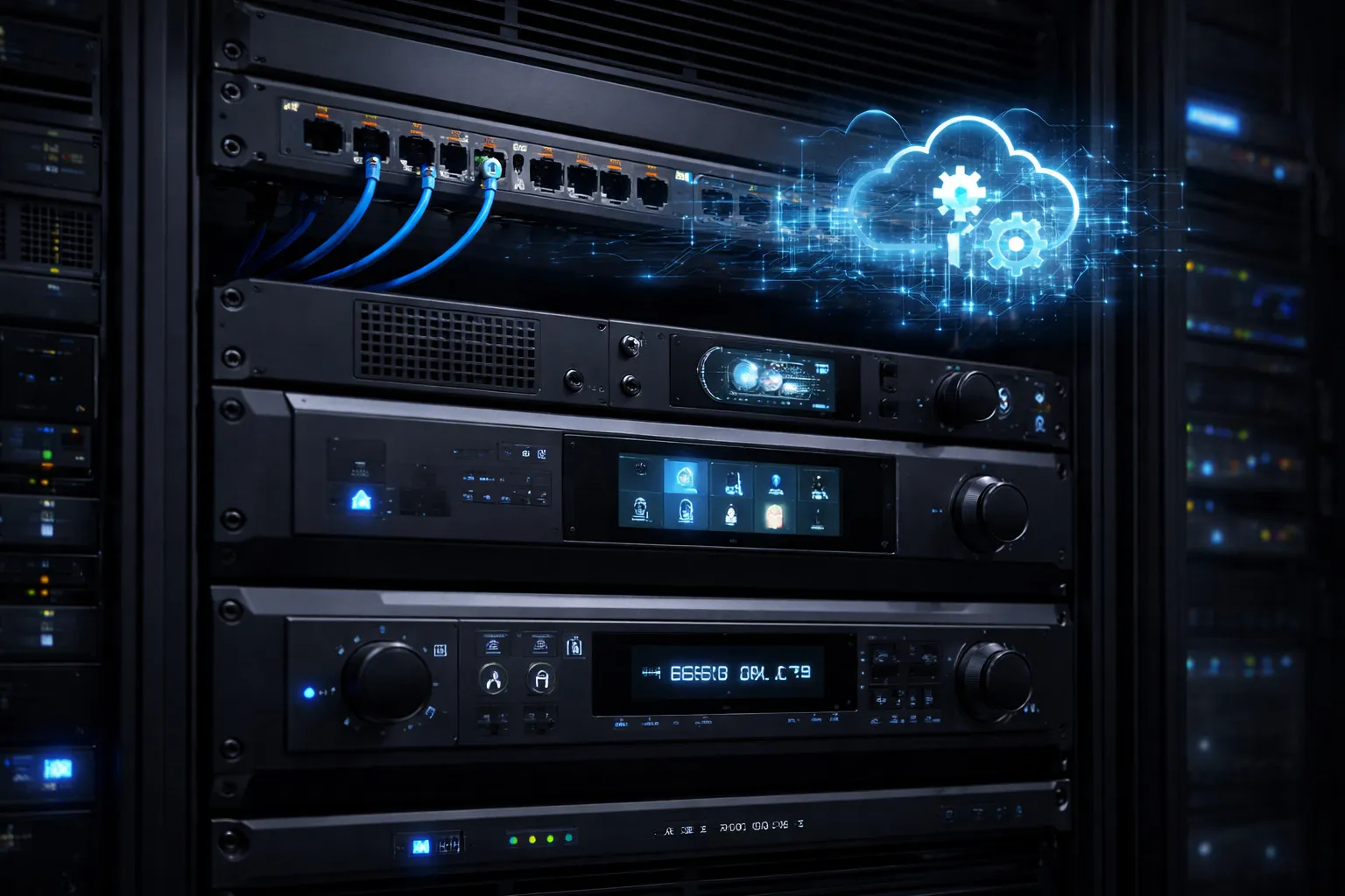 Security and AV equipment rack with PoE networking and cloud connectivity.