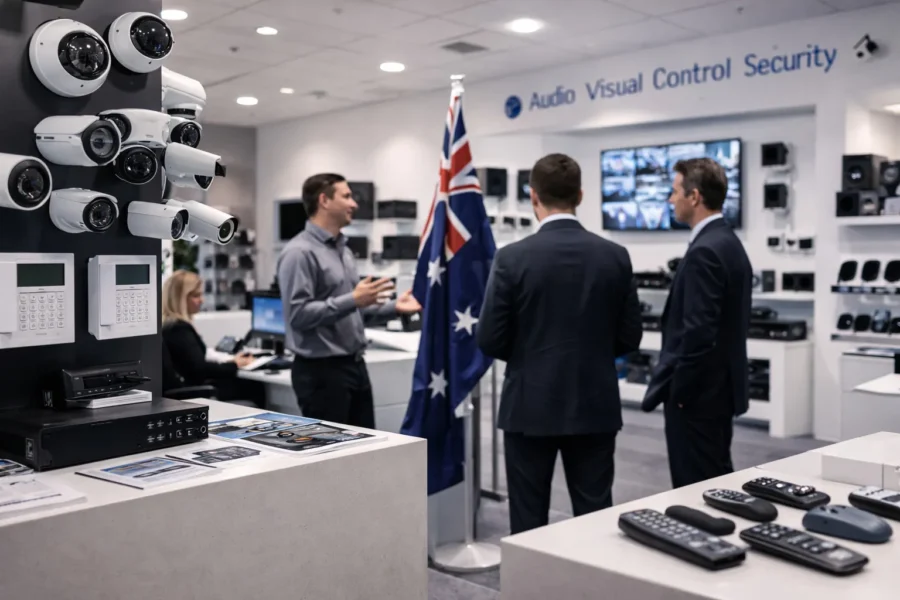 Security and AV equipment showroom with surveillance cameras, audio visual systems, and professionals discussing technology solutions.