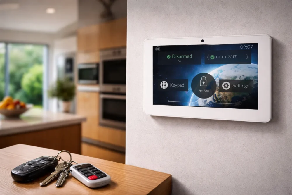 Wall-mounted security alarm touchscreen panel showing system status inside a modern home interior.
