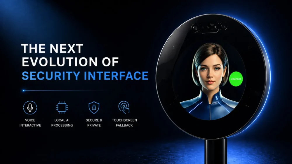 8D AI Codepad security interface with AI avatar, voice interaction, and touchscreen fallback